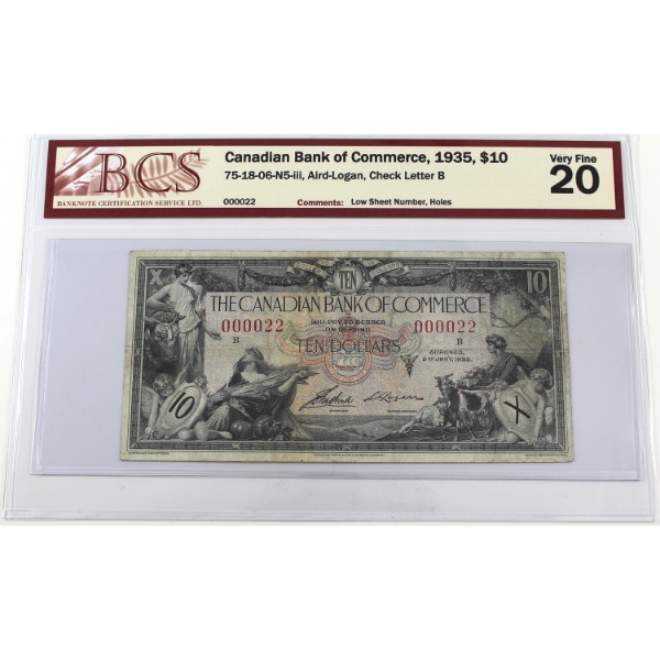 75-18-06-N5-iii 1935 $10 Canadian Bank of Commerce Low Sheet # BCS VF20 Aird-Logan SN: 000022