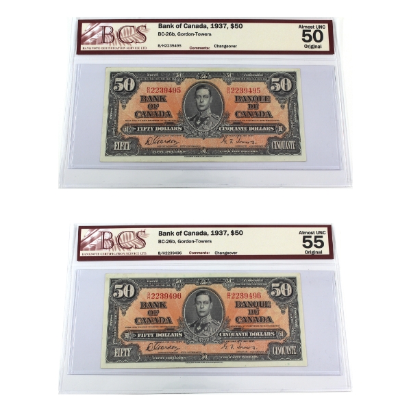 Pair of BC-26b 1937 $50 Consecutive BCS AU50 to AU55 Gordon-Towers, Changeover SN: B/H2239495-"96.