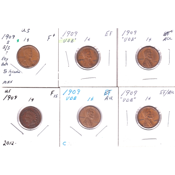 Estate Lot of USA 1909 VDB Lincoln Cents F+ to AU. 6pcs.