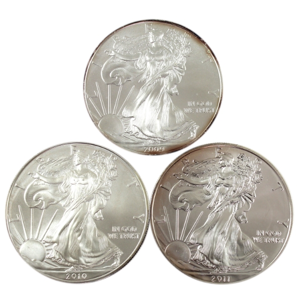 3x 1oz USA 2009, 2010 & 2011 $1 Silver Eagle .999 Fine Silver Coins. 3pcs (Tax Exempt)