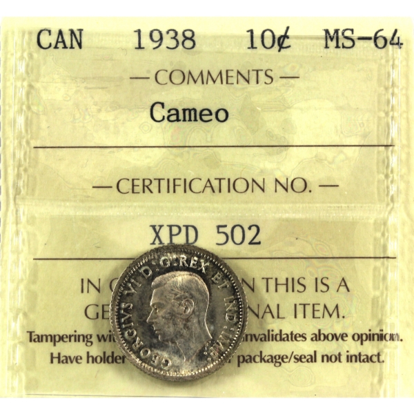 10-cent 1938 ICCS MS64 Cameo