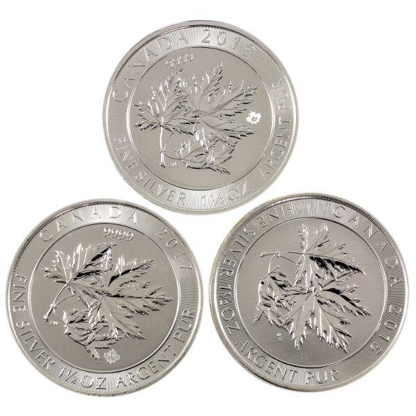 3x 1.5oz 2015, 2017 & 2019 $5 Superleaf Maple .9999 Fine Silver. 3pcs (Tax Exempt)
