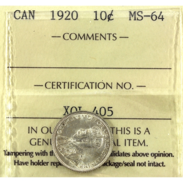 10-cent 1920 ICCS MS64