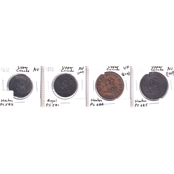 Group Lot of 1852 Upper Canada Penny & Half Penny Tokens VF to AU in 4-Pocket Sheet. 4pcs