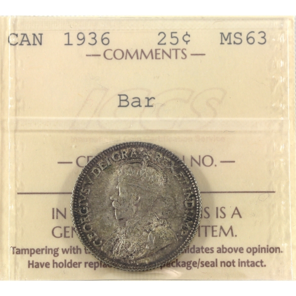 25-cent 1936 Bar ICCS MS63