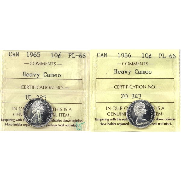 10-cent 1965 & 1966 ICCS PL66 Heavy Cameo. 2pcs.