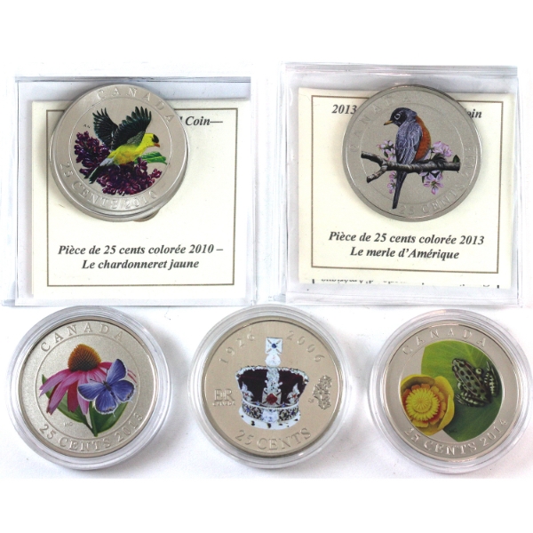2006-2014 25-cent Coloured Coins. 5pcs. 