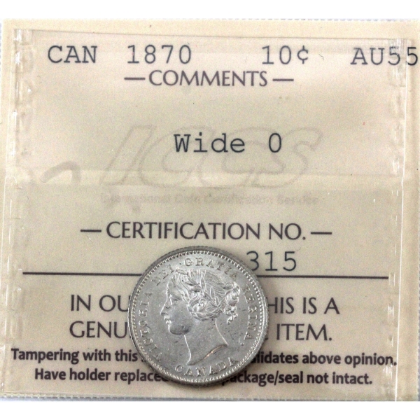10-cent 1870 Wide 0 ICCS AU55 