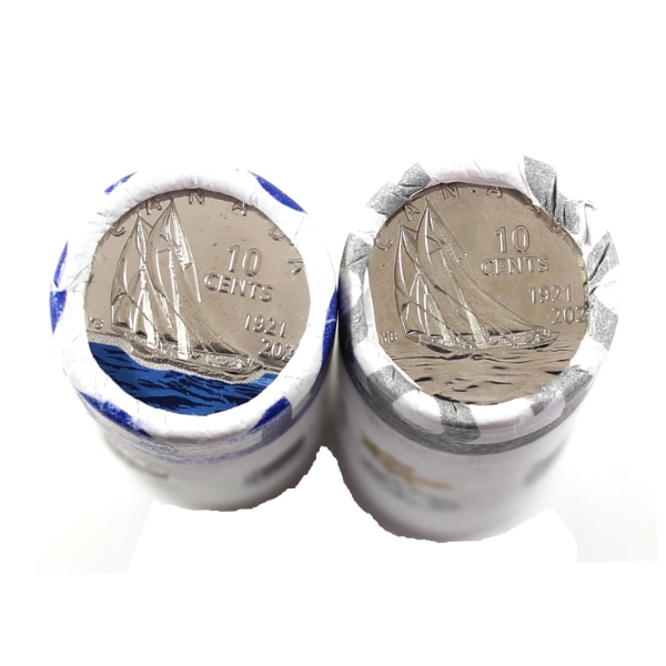10-cent 2021 100th Anniversary of Bluenose Coloured & Uncoloured Rolls of 50pcs. 2 Rolls
