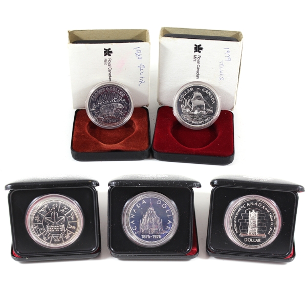 Group Lot of 1976-1980 Specimen Commemorative Silver Dollars in Individual Cases. 5pcs