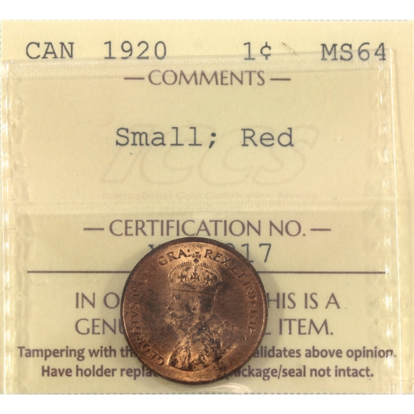 1-cent 1920 Small ICCS MS64 Red