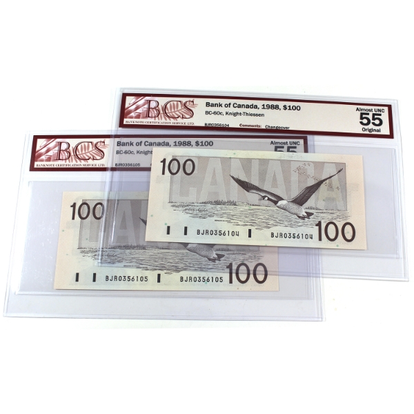 BC-60c 1988 $100 Consecutive BCS AU55 Original Knight-Thiessen Changeover SN:BJR0356104-"05. 2pcs.