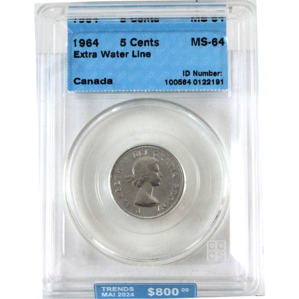 5-cent 1964 Extra Water Line CCCS MS64