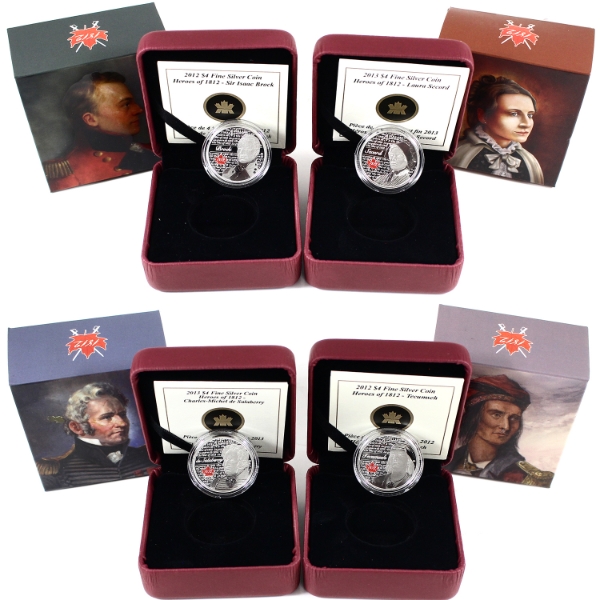 2012-2013 $4 Heroes of 1812 1/4oz .9999 Fine Silver Coins. 4pcs. (Tax Exempt)