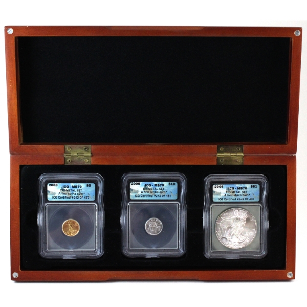 USA 2006 $1 Silver Eagle, $5 Gold Eagle & $10 Platinum Eagle Tri-Metal Set ICG Certified MS70