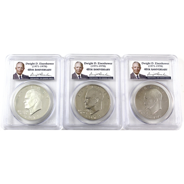 USA 1971-S Silver, 1973-S Clad & 1976-S Clad Type 2 Eisenhower Dollars PCGS PR69 DCAM. 3pcs