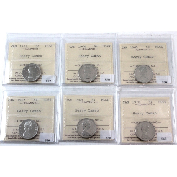 5-cent 1963, 1964, 1965, 1967, 1969 & 1970 ICCS PL66 HC. 6pcs