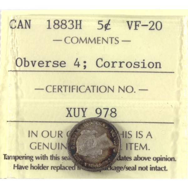 5-cent 1883H Obv 4 ICCS VF20 