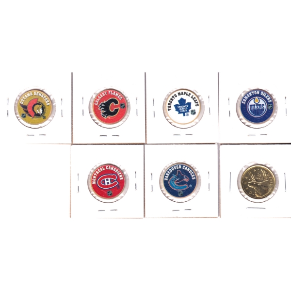 25-cent 2005 Coloured NHL Set & 2019 25-cent Coin all w/ Gold Plating. 7pcs