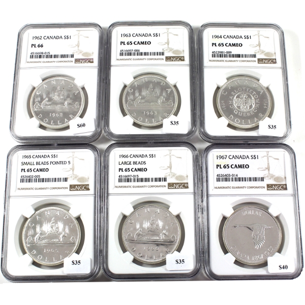 Silver $1 1962 PL66, 1963, 1964, 1965 SmBds Ptd 5, 1966 LgeBds & 1967 NGC PL65 Cameo (Except 1962)
