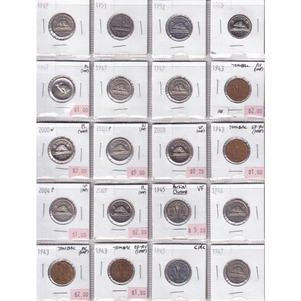 Bulk Collection 5-cent 1943-2009 in 20-Pocket Sheet. 20pcs