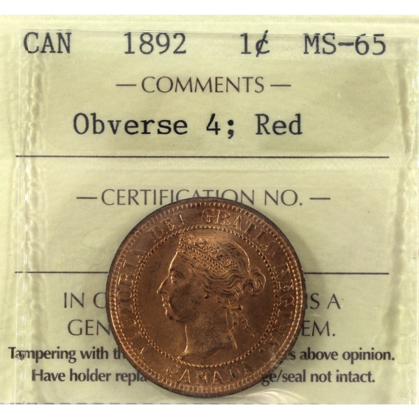 1-cent 1892 Obverse 4 ICCS MS65 Red