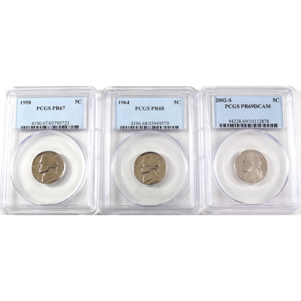 USA 1958-2002S Jefferson Nickel PCGS PR67 to PR69. 3pcs.