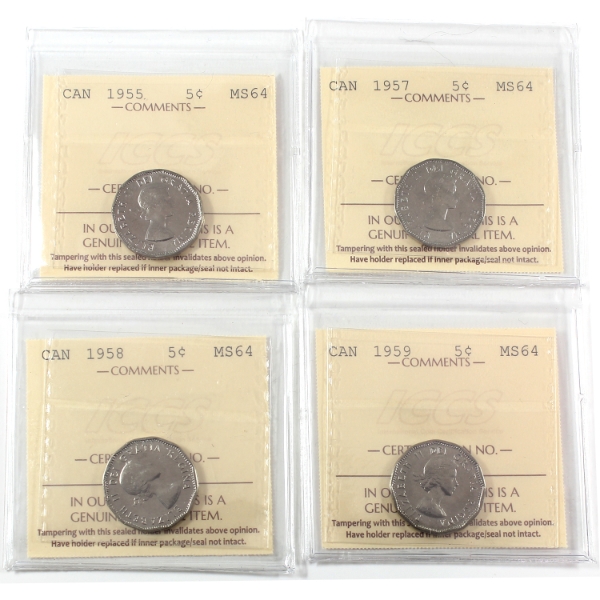 5-cent 1955-1959 ICCS MS64. 4pcs.