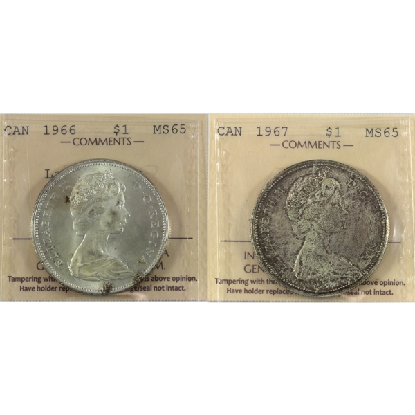 Silver $1 1966 LgBds & 1967 ICCS MS65. 2pcs
