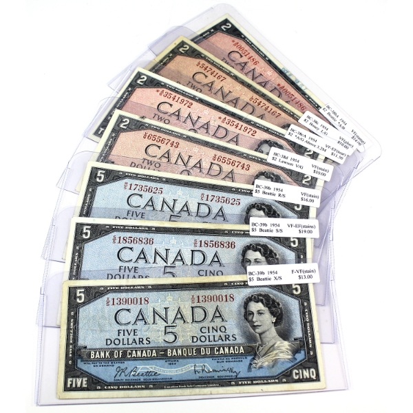 Group Lot of 7x 1954 $2 & $5 F-VF to VF-EF. 7pcs