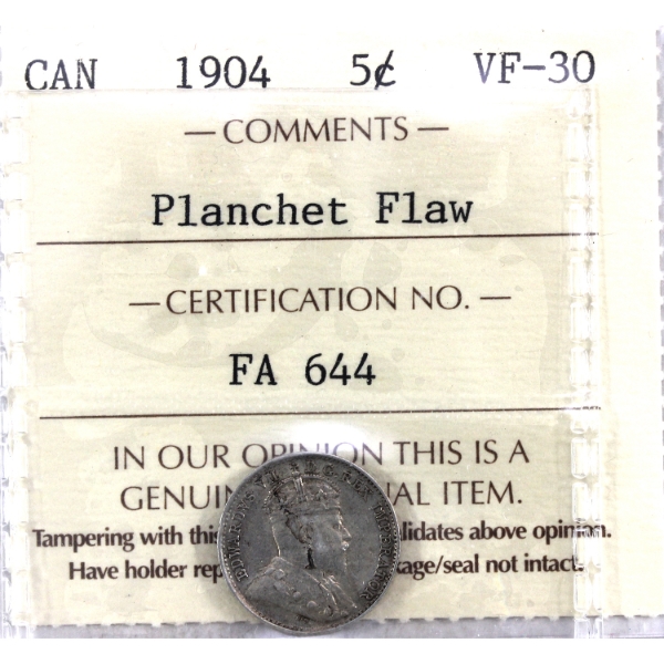 5-cent 1904 ICCS VF30 with Planchet Flaw Error