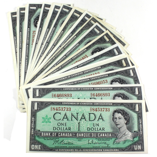 Group Lot of 35x 1967 $1 Beattie-Rasminsky Notes w/ Some Duplicate Prefixes. 35pcs