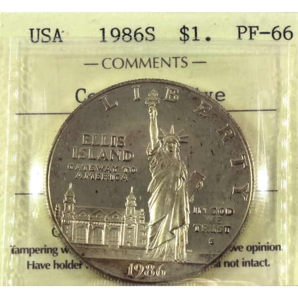 USA Silver 1986S Statue of Liberty/Ellis Island Commemorative Dollar ICCS PF66 UHC