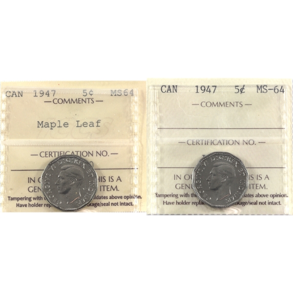 5-cent 1947 & 1947 Maple Leaf ICCS MS64. 2pcs.