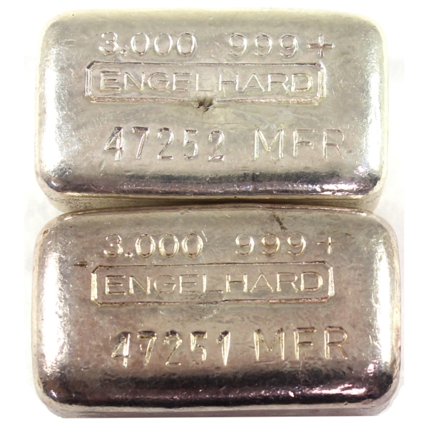 2x 3oz Engelhard c.1970s 5th Series "MFR" Designation .999+ Silver Bars. 2pcs *Consecutive Pair 1/2*