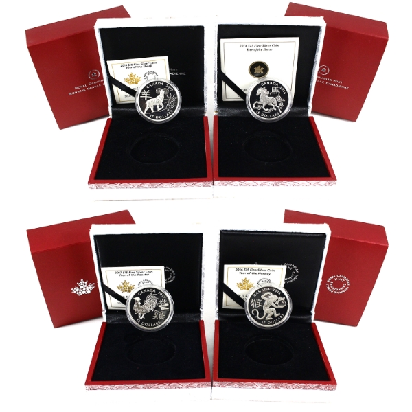 2014-2017 $15 Zodiac Fine Silver Coins. 4pcs. (Tax Exempt)
