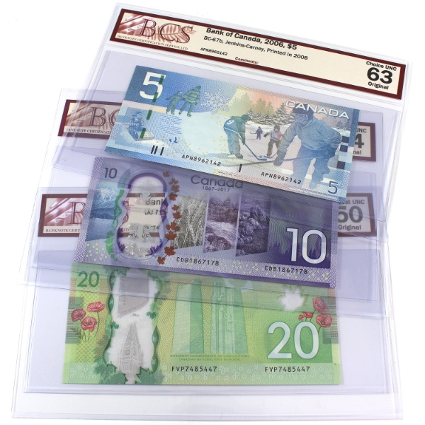 Group Lot of $5, $10, & $20 Banknotes BCS AU50 Original to CUNC64 Original. 3pcs.