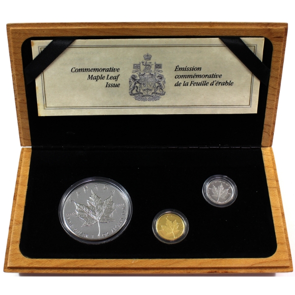 1989 10th Anniversary of the Gold Maple Leaf Gold, Silver, & Platinum 3-Coin Set (Tax Exempt)