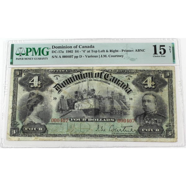 DC-17a 1902 $4 '4' at Top Left & Right PMG Choice F15 NET Various-Courtney SN: 000407 ppD