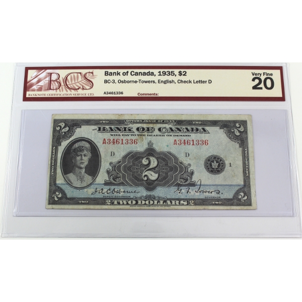 BC-3 1935 $2 English BCS VF20 Osborne-Towers SN: A3461336 Check Letter D