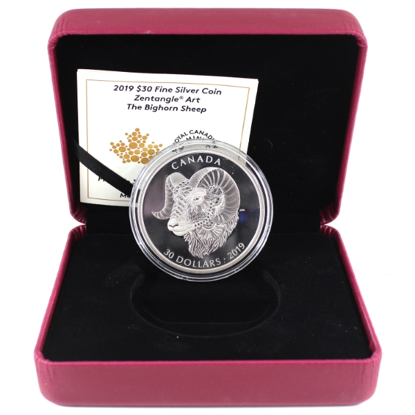 2019 $30 Zentangle Art: The Bighorn Sheep 2oz .9999 Fine Silver Coin (Tax Exempt)