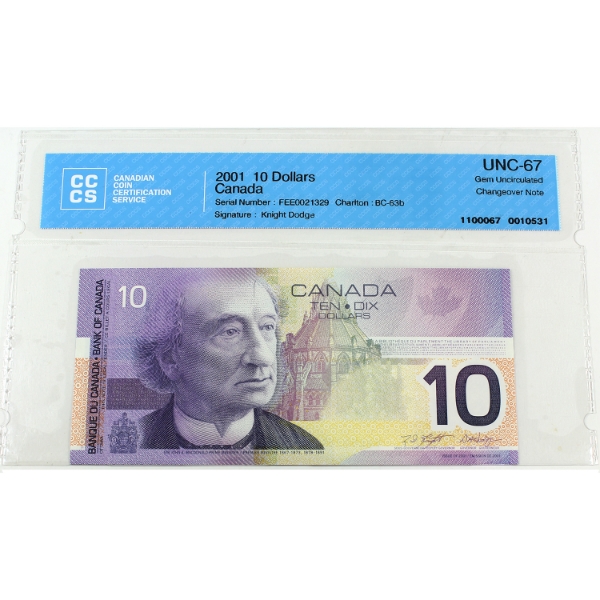 BC-63b 2001 $10 FEE Prefix CCCS GEM UNC67 Knight-Dodge Changeover SN: FEE0021329
