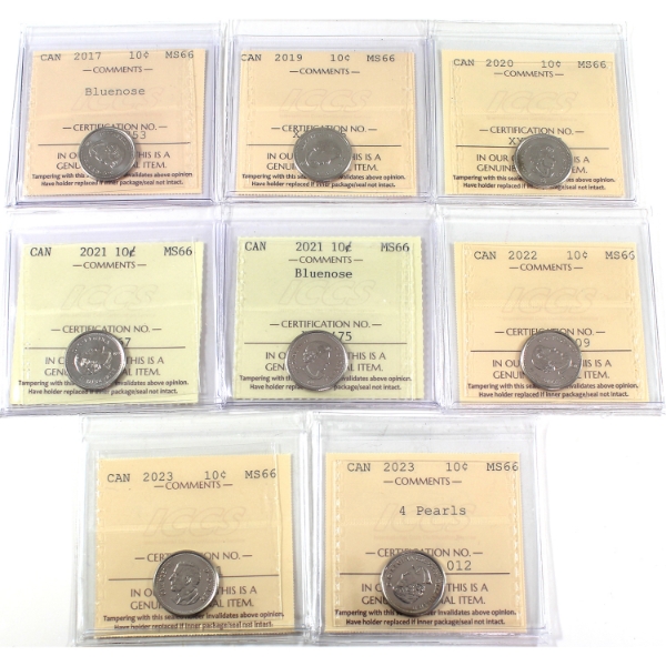 10-cent 2017-2023 ICCS MS66. 8pcs.