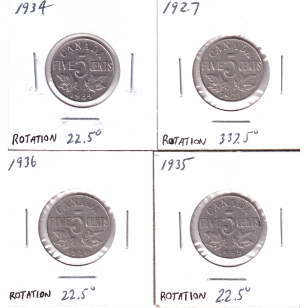 5-cent 1927-1936 w/ Die Rotations. 4pcs.