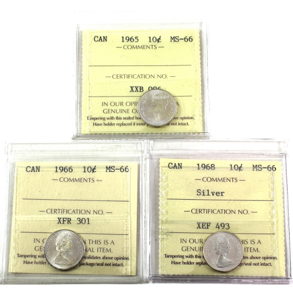 10-cent 1965, 1966, & 1968 Silver ICCS MS66. 3pcs.