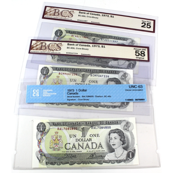 BC-46b 1973 $1 BCS/CCCS VF25 to CUNC63 Crow-Bouey 3pcs.