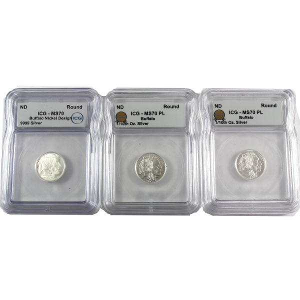 3x 1/10 USA N.D. Buffalo Nickel Replicas .999 Fine Silver Rounds ICG MS70 PL. 3pcs. (Tax Exempt)