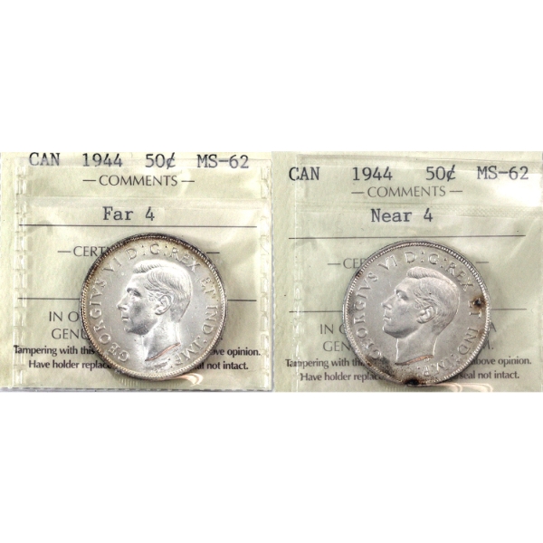 50-cent 1944 Near 4 & Far 4 ICCS MS62. 2pcs.