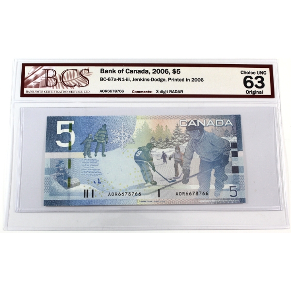 RADAR BC-67a-N1-iii 2006 $5 3 Digit RADAR BCS CUNC63 Original Jenkins-Dodge, Printed in 2006 