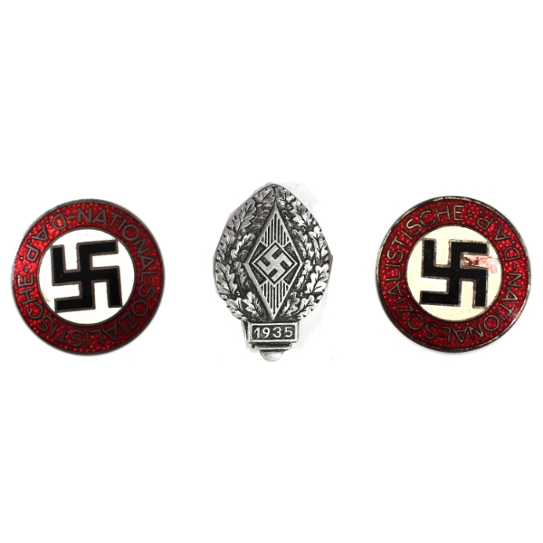 Germany 1935 Hitler Youth Festival Sports Event Badge & Pair of NSDAP Party Badges. 2pcs